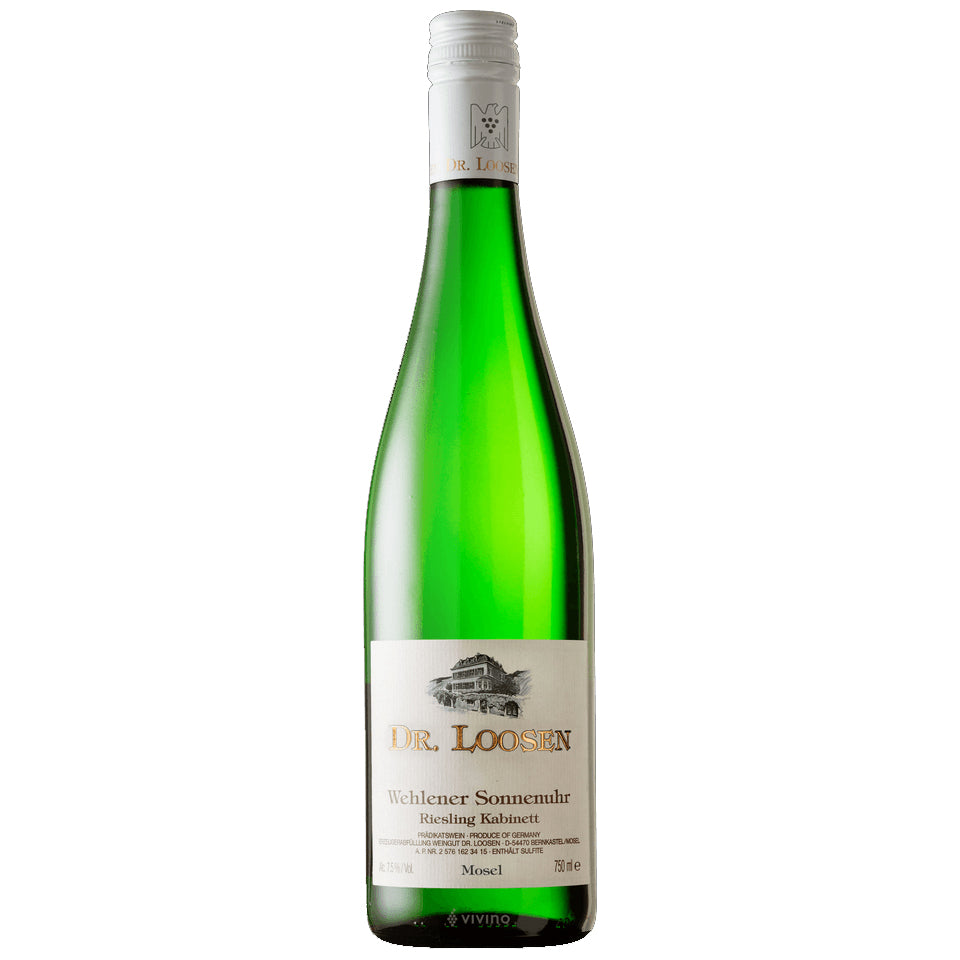 A bottle of Dr Loosen Wehlener Sonnenuhr Riesling Kabinett in a green bottle with a white screw cap and label.