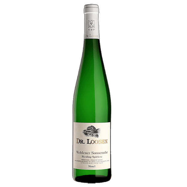 A green glass bottle of Dr. Loosen Wehlener Sonnenuhr Spatlese white wine with a cream-colored label and silver foil at the neck, set against a plain white background.
