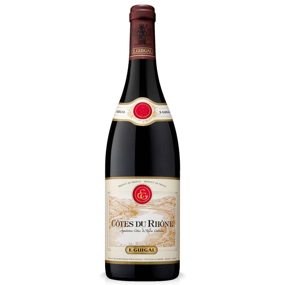 A half bottle of Guigal Cotes du Rhone. It has a beige label with an image of the Rhone river on it. It has a dark red foil capsule.