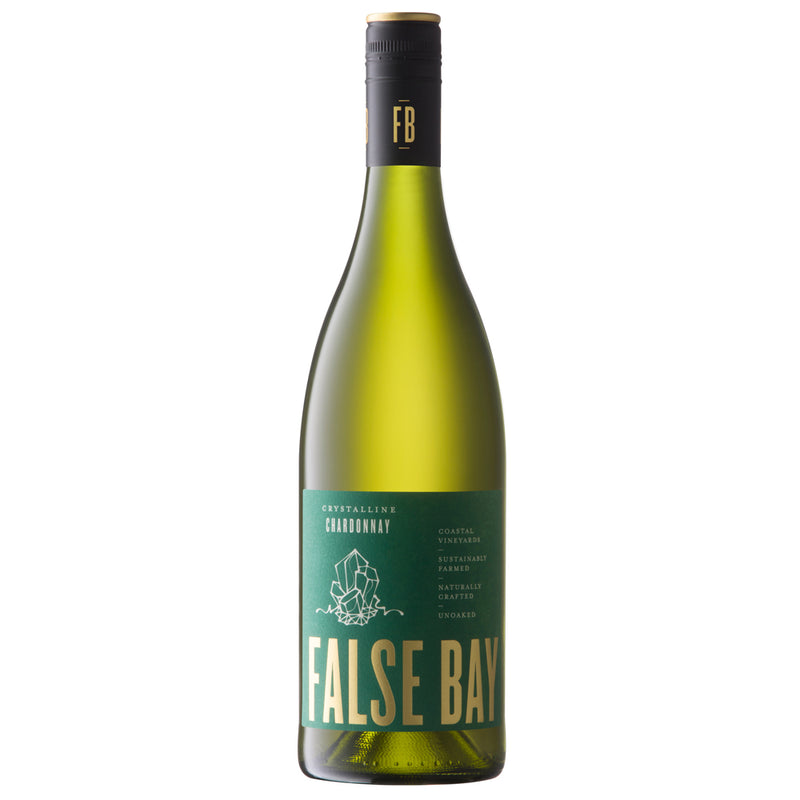 A bottle of False Bay Chardonnay wine. It shows a green bottle with a green label and gold lettering with a black and gold screw cap