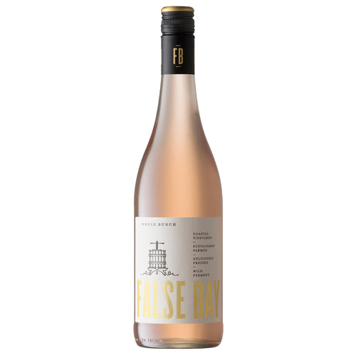 A bottle of False Bay Rose wine. Featuring a white label with gold lettering and a black and gold screw cap.