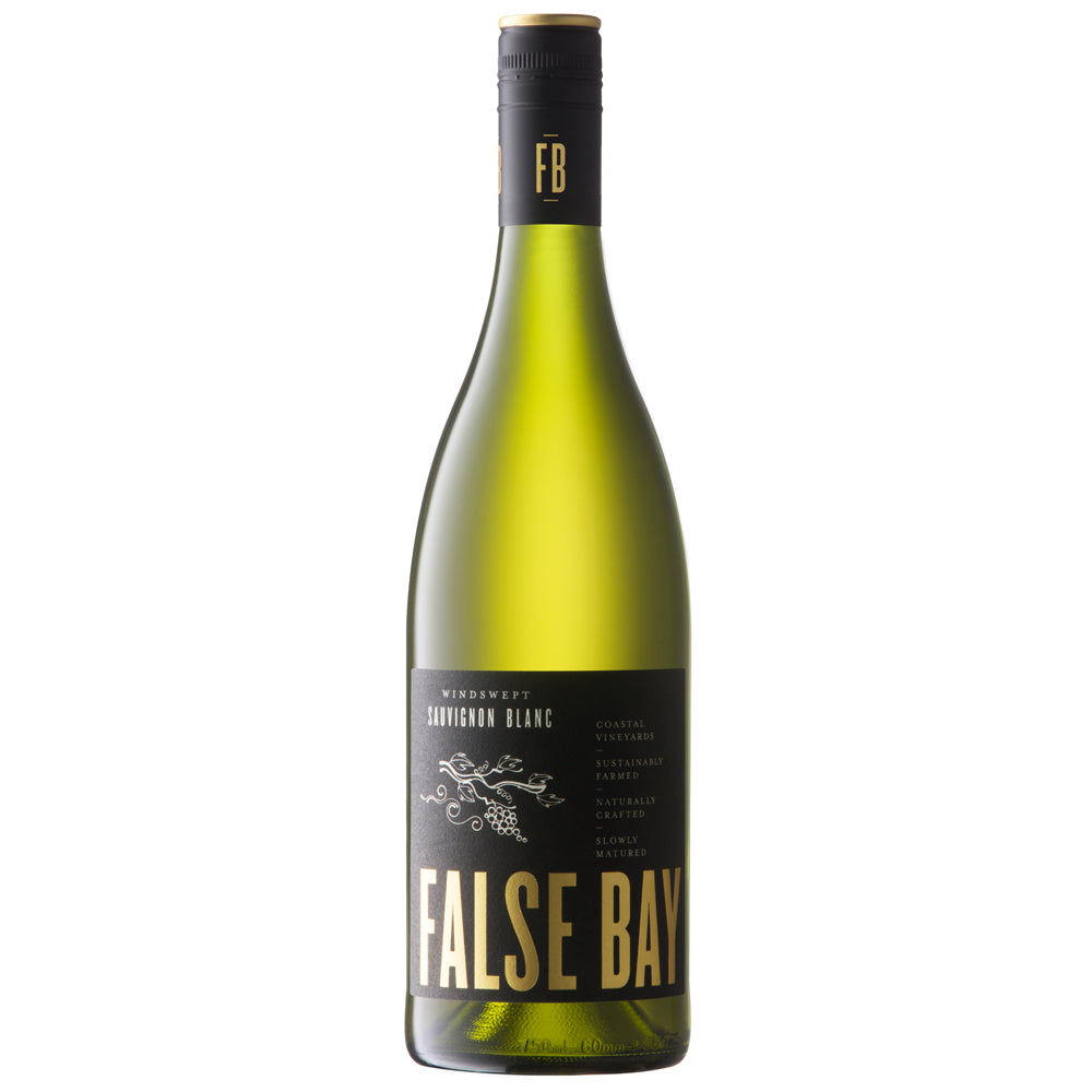 A bottle of False Bay Windswept Sauvignon Blanc white wine, featuring a dark green glass bottle, a black neck label with gold lettering, and a black main label with gold text.