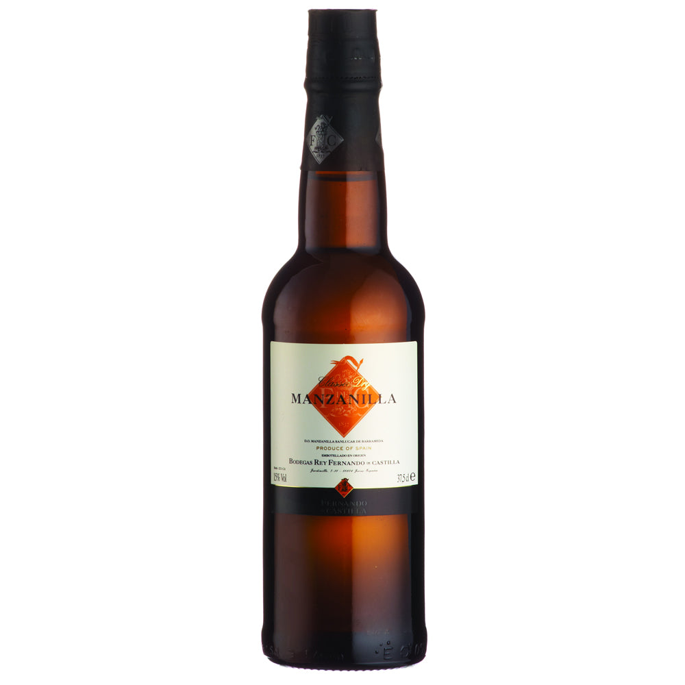 A half bottle of Fernando de Castilla Manzanilla, featuring an amber glass bottle with a cream and orange label and a black screw cap, set against a plain white background.