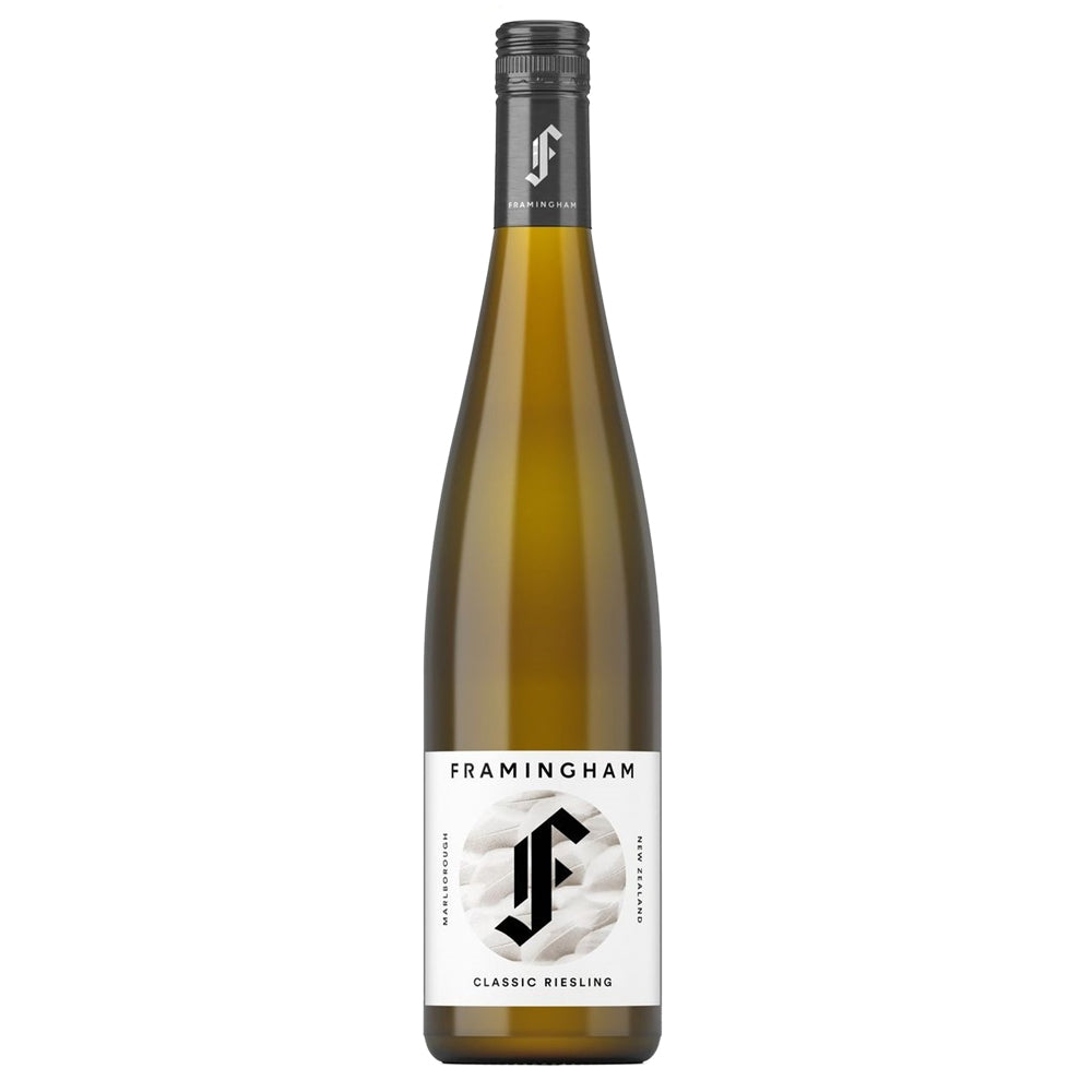 A bottle of Framingham Classic Riesling white wine, featuring a dark green glass bottle with a white label and a black screw cap, shown against a plain white background.