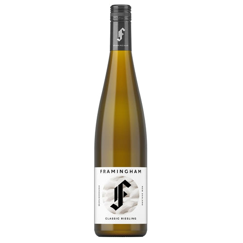 A bottle of Framingham Classic Riesling white wine, featuring a dark green glass bottle with a white label and a black screw cap, shown against a plain white background.