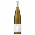 A bottle of Framingham Riesling white wine with an olive-green glass body, a white label with a stylized white 'F' logo, and a white foil capsule at the neck, shown on a plain white background.