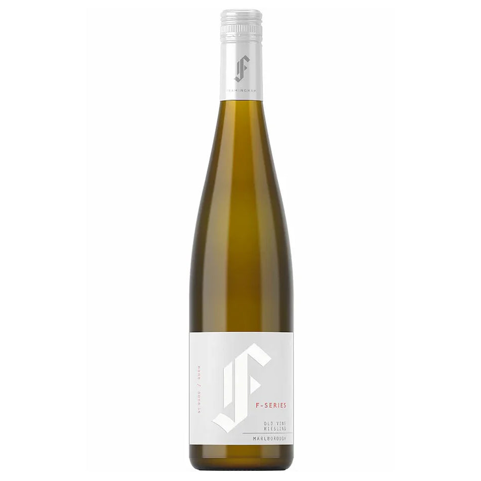 A bottle of Framingham Riesling white wine with an olive-green glass body, a white label with a stylized white 'F' logo, and a white foil capsule at the neck, shown on a plain white background.