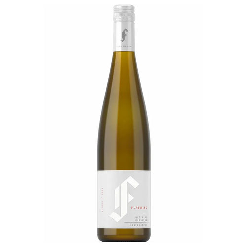 A bottle of Framingham Riesling white wine with an olive-green glass body, a white label with a stylized white 'F' logo, and a white foil capsule at the neck, shown on a plain white background.