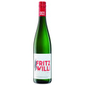 A bottle of Fritz Willi white wine in a green glass bottle with a red foil cap and a white label featuring the red and black Fritz Willi logo, isolated on a white background.