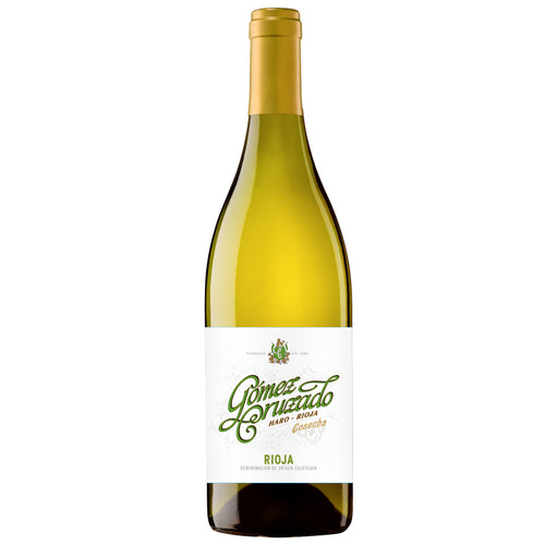 A bottle of Gomez Cruzado Rioja white wine with a gold foil neck wrap and a white label featuring green and gold text, set against a plain white background.