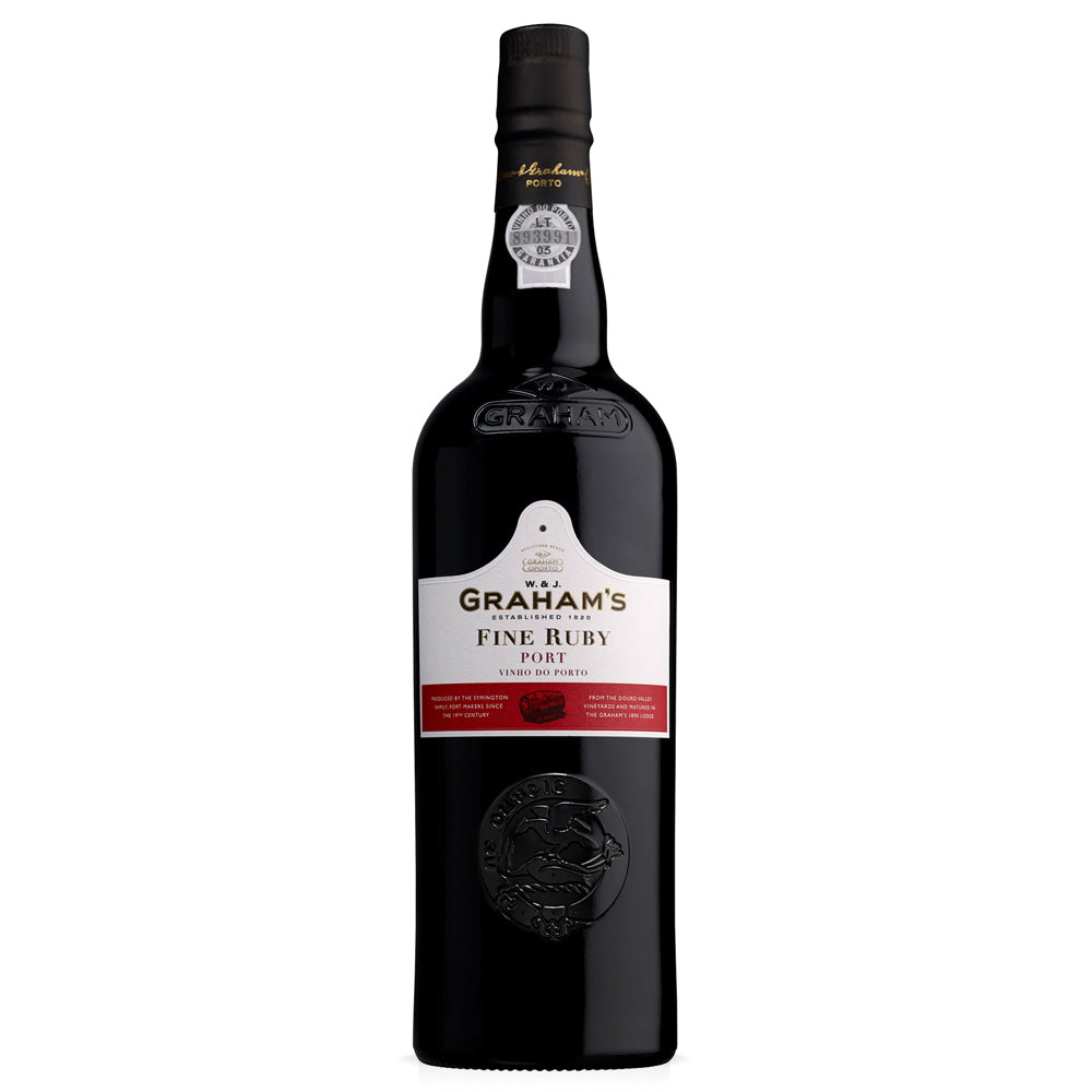 A bottle of Graham's Fine Ruby Port wine, featuring a dark glass bottle with a black cap and a white label with red accents, set against a plain white background.