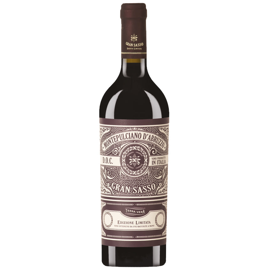A bottle of Montepulciano d'Abruzzo Gran Sasso red wine, featuring a dark brown glass bottle with a cream and brown vintage-style label and a dark brown capsule, isolated on a white background.