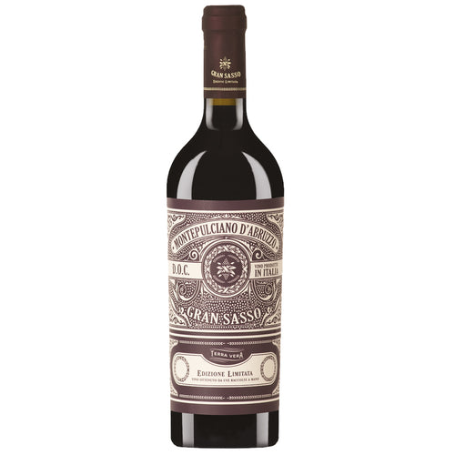 A bottle of Montepulciano d'Abruzzo Gran Sasso red wine, featuring a dark brown glass bottle with a cream and brown vintage-style label and a dark brown capsule, isolated on a white background.