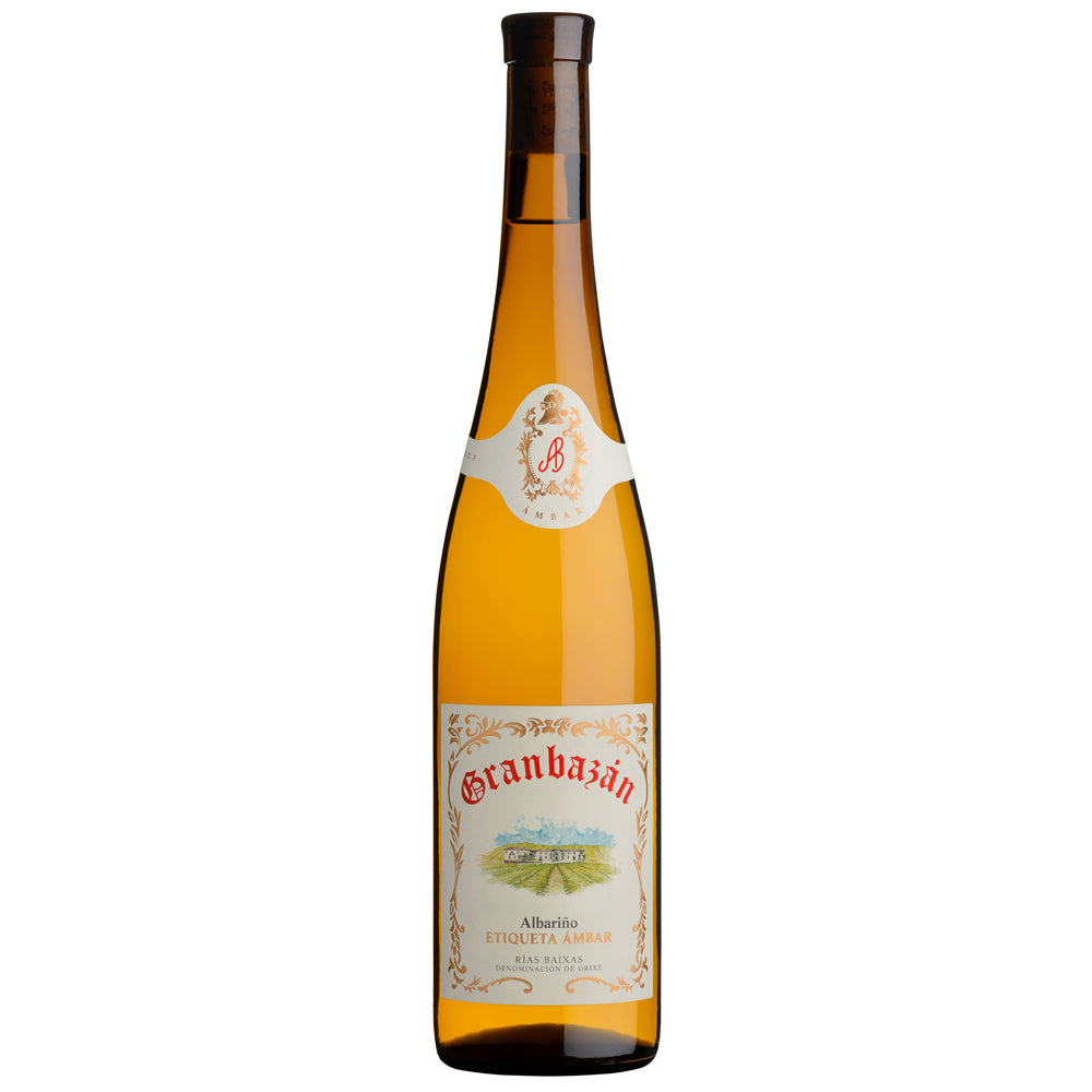 A bottle of Granbazan Etiqueta Albarino white wine, featuring a tall brown bottle with a cream-coloured neck label, and a detailed cream-coloured main label with red and green text.