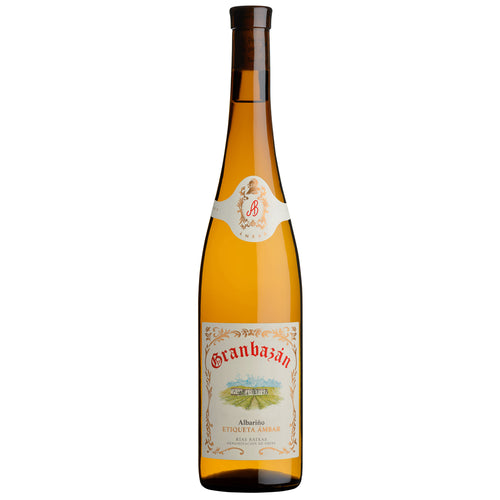 A bottle of Granbazan Etiqueta Albarino white wine, featuring a tall brown bottle with a cream-coloured neck label, and a detailed cream-coloured main label with red and green text.