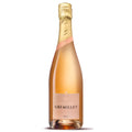 A bottle of Gremillet rose Champagne. It has a pink label with black and gold writing. There is a gold and pink foil capsule. The picture is set on a white background.