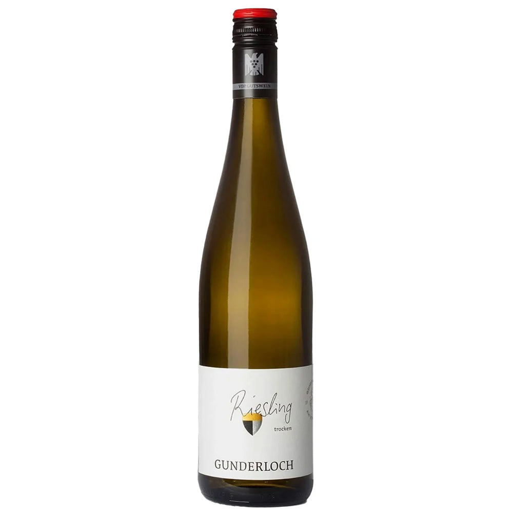 A bottle of dry Riesling from Gunderloch, Germany, in a dark green glass bottle with a white label and a red topped screw cap, shown against a plain white background.