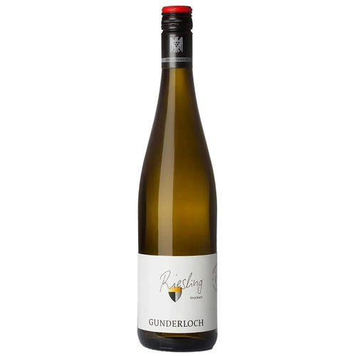 A bottle of dry Riesling from Gunderloch, Germany, in a dark green glass bottle with a white label and a red topped screw cap, shown against a plain white background.
