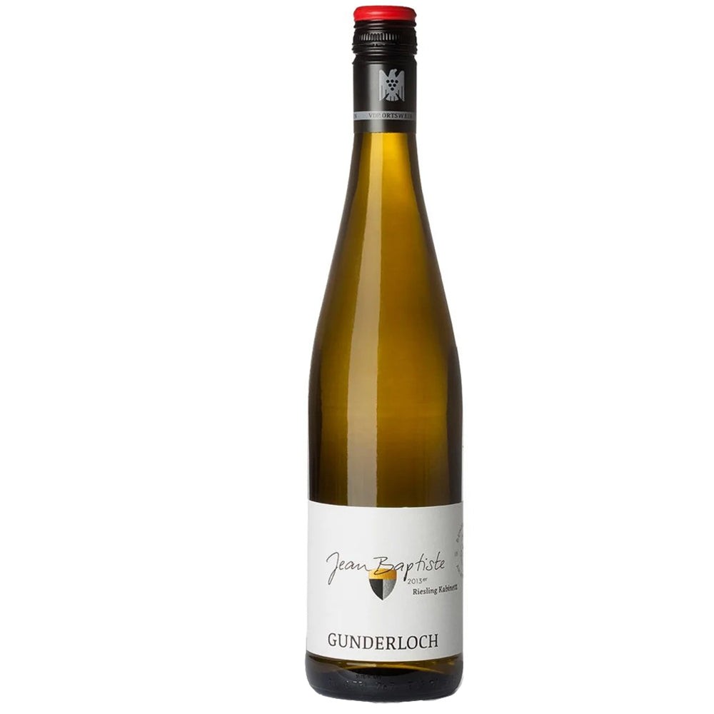 A bottle of Jean Baptiste Gunderloch Riesling white wine, featuring a pale gold-green glass bottle, a white label with black text, and a red foil cap, set against a plain white background.