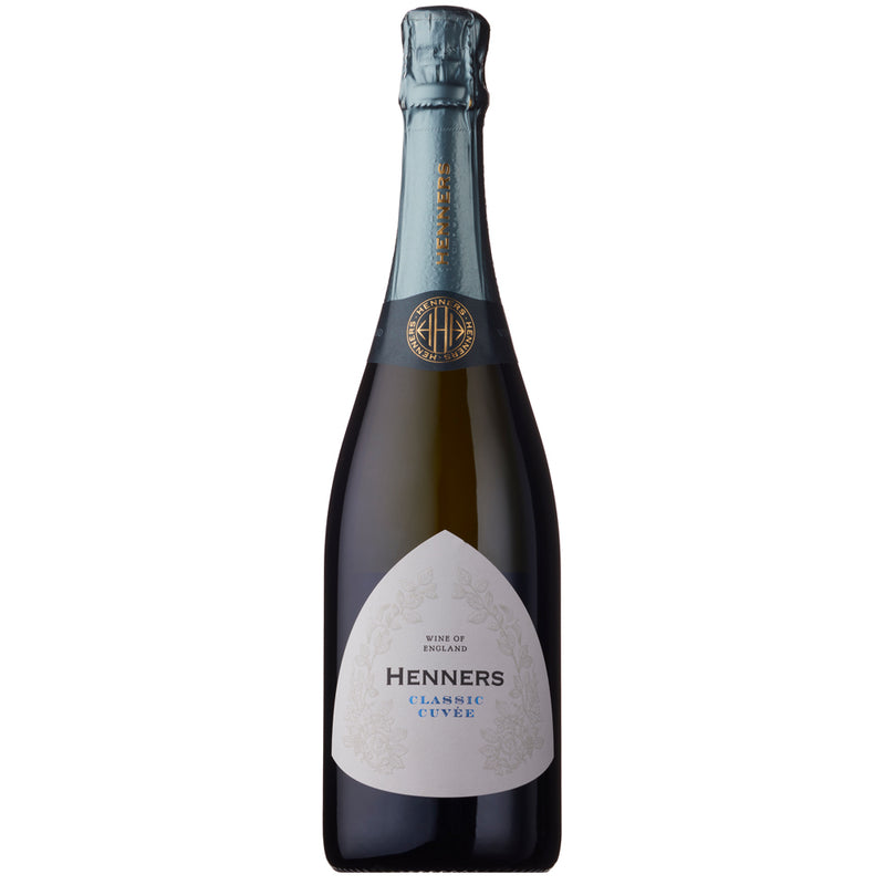 A magnum of Henners Classic Cuvee sparkling wine. It has a white triangular label with a metallic foil capsule. All set on a white background.