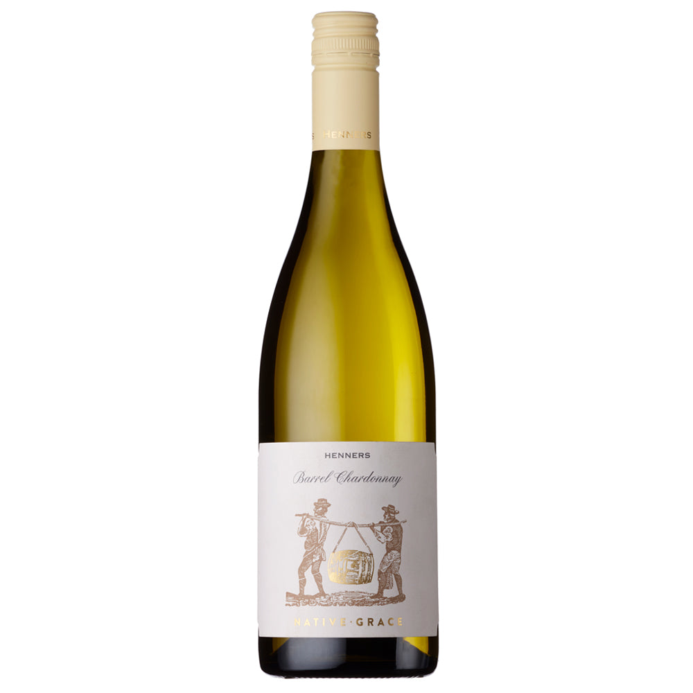 A bottle of Henners Barrel Chardonnay, featuring a pale yellow-green wine liquid, a cream-colored neck foil, and a white label with gold illustration and text, set against a plain white background.