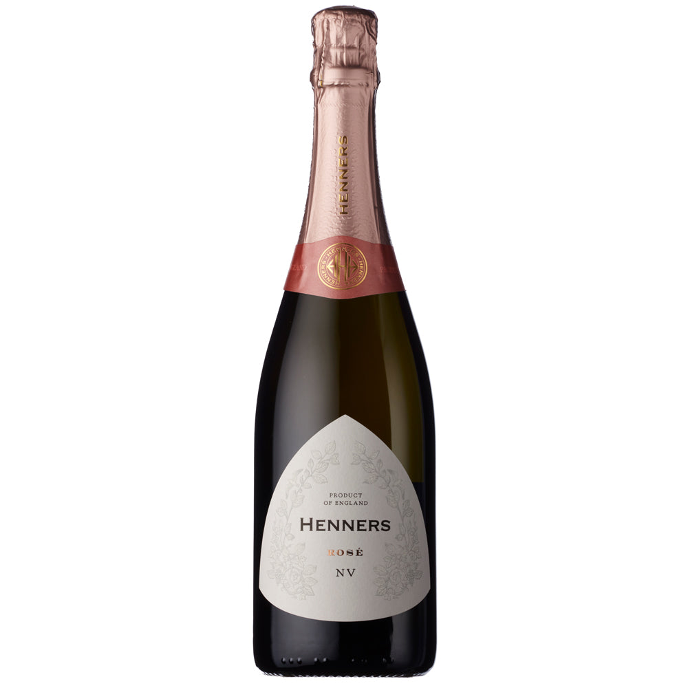 A bottle of Henners Rose NV sparkling wine, featuring a dark glass bottle, a metallic rose gold foil neck, and a white teardrop-shaped label on a plain white background.