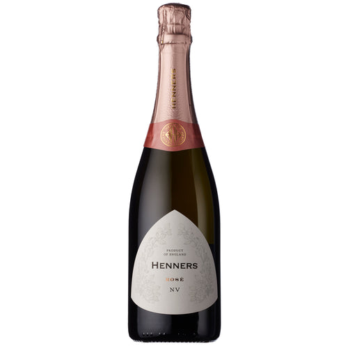 A bottle of Henners Rose NV sparkling wine, featuring a dark glass bottle, a metallic rose gold foil neck, and a white teardrop-shaped label on a plain white background.