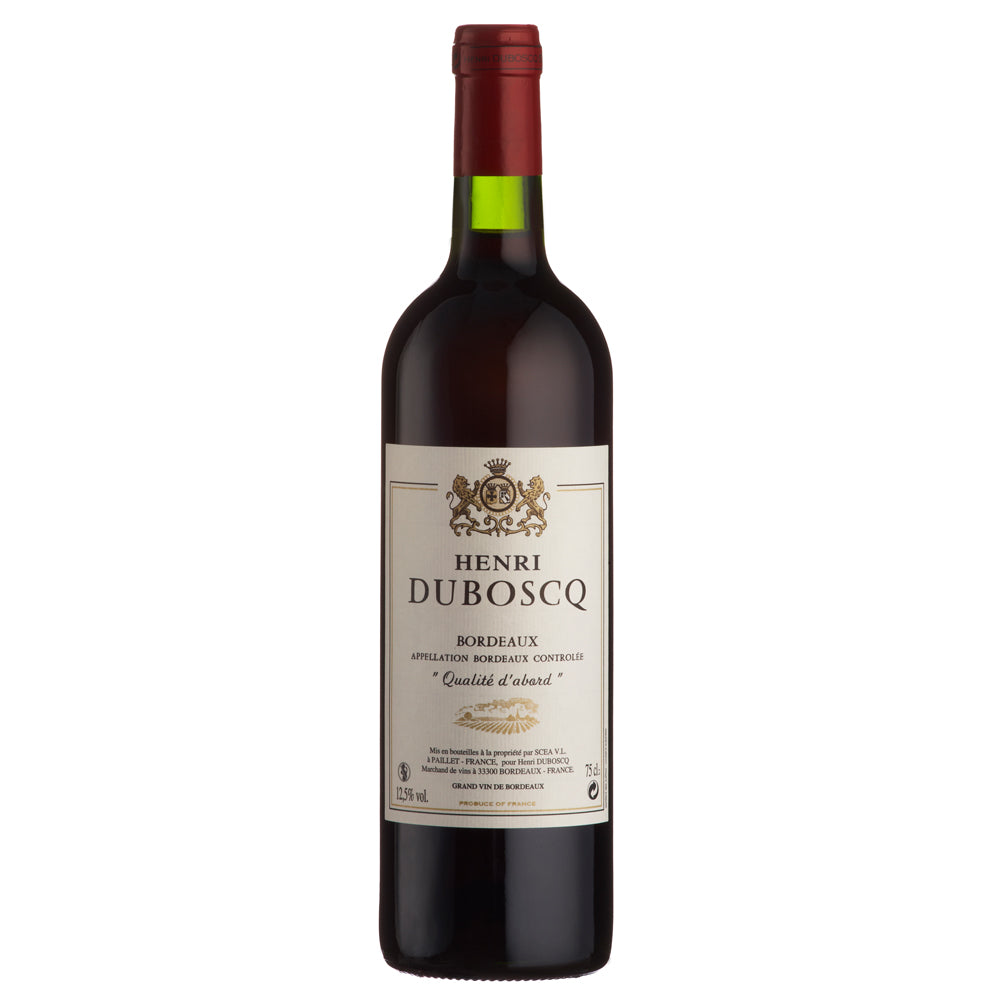 A bottle of Henri Duboscq Claret red wine. it has a white label with black writing and a red foil capsule.