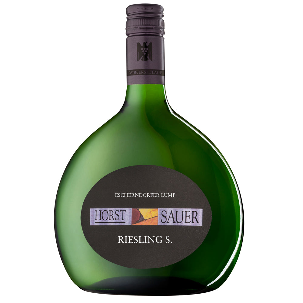 A bottle of Horst Sauer Riesling wine. It shows a distinctive shaped green bottle with a dark grey screw cap. All set on a white background.
