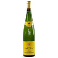 A bottle of Hugel Classic Gewurztraminer wine, featuring a green glass bottle with a bright yellow label and a gold foil capsule, set against a plain white background.