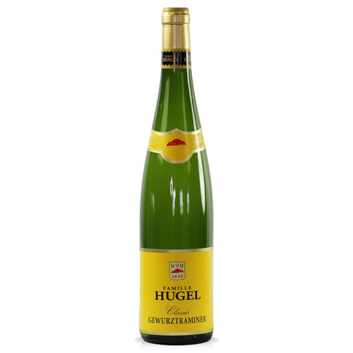 A bottle of Hugel Classic Gewurztraminer wine, featuring a green glass bottle with a bright yellow label and a gold foil capsule, set against a plain white background.