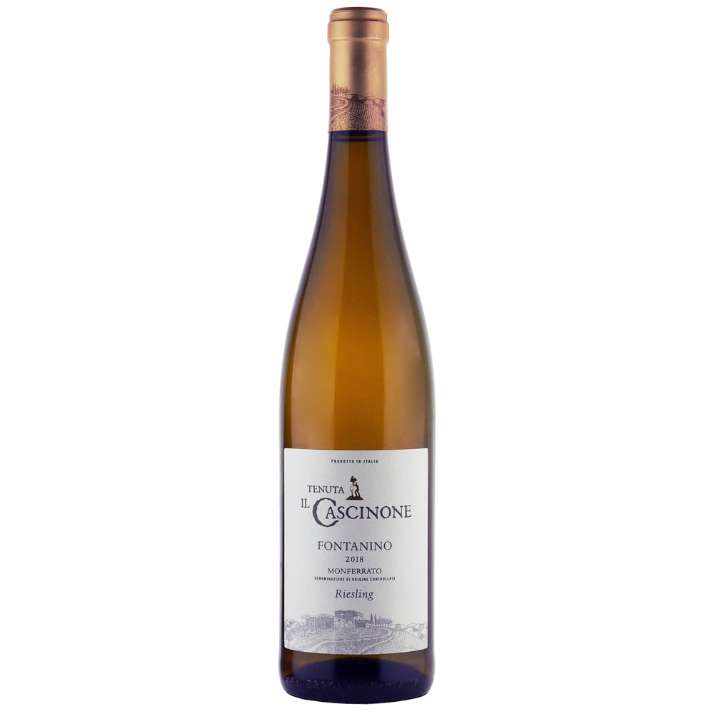 A bottle of Il Cascinone Fontanino Riesling white wine, featuring a gold foil capsule, a dark glass bottle, and a white label with black text, set against a plain white background.