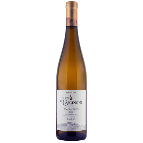 A bottle of Il Cascinone Fontanino Riesling white wine, featuring a gold foil capsule, a dark glass bottle, and a white label with black text, set against a plain white background.