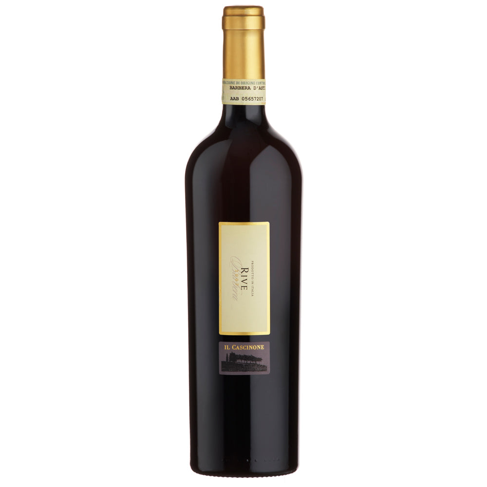A dark glass bottle of Rive Barbera d'Asti red wine with a gold foil capsule and a gold label on a plain white background.