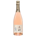 A bottle of J Laurens sparkling rose wine. It has a beige label with black and gold writing and an image of a grey rose. It has gold foil capsule.