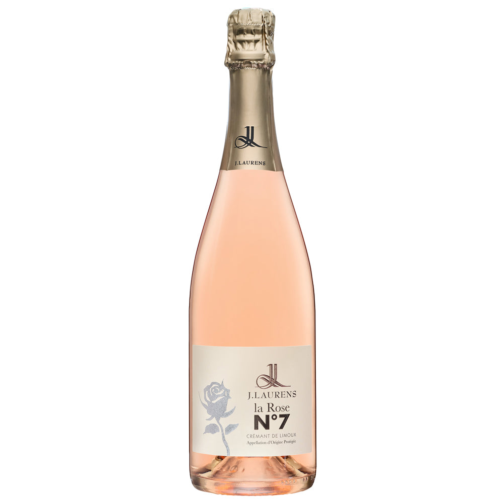 A bottle of J Laurens sparkling rose wine. It has a beige label with black and gold writing and an image of a grey rose. It has gold foil capsule.
