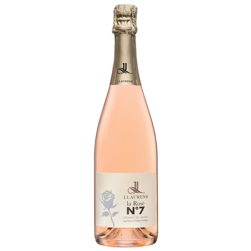 A bottle of J Laurens sparkling rose wine. It has a beige label with black and gold writing and an image of a grey rose. It has gold foil capsule.