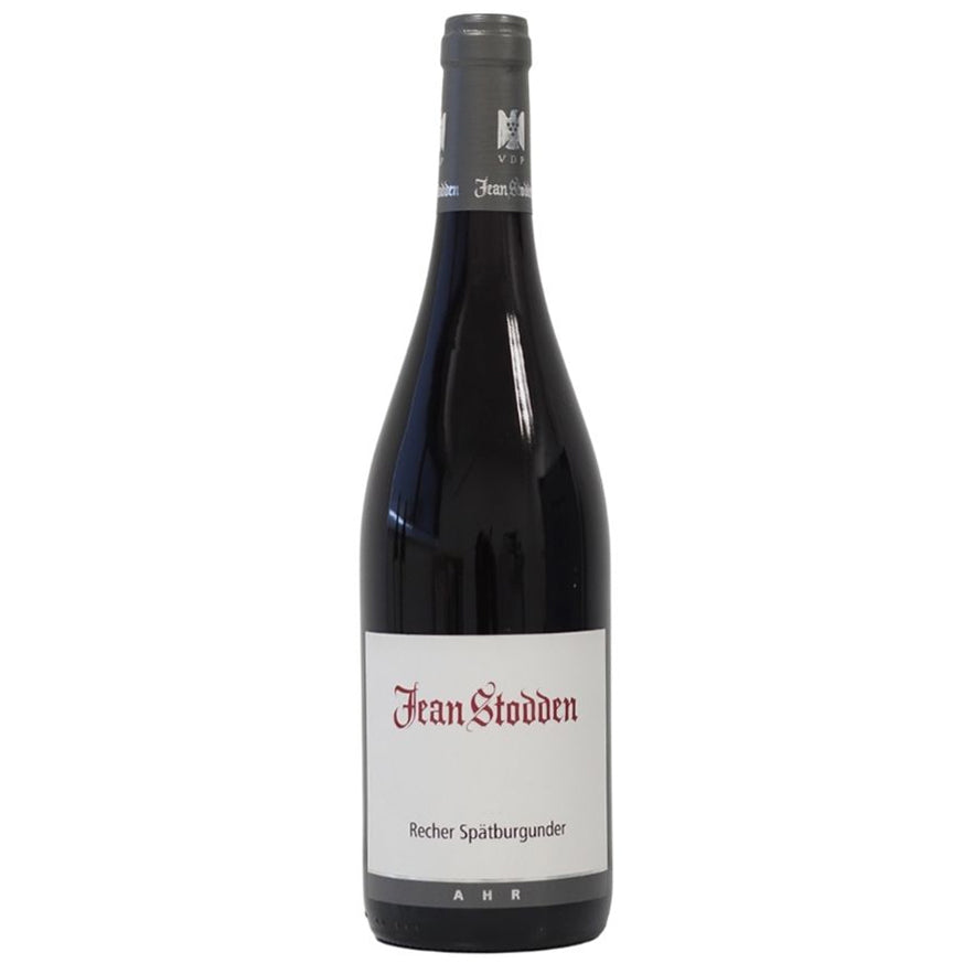 A bottle of Jean Stodden Recher Spatburgunder red wine, featuring a dark glass bottle with a white label and a dark gray capsule, set against a plain white background.