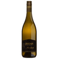 A bottle of Jordan Nine Yards Chardonnay white wine. It has a black label with gold writing and a brown and gold screw cap. All set on a white background.