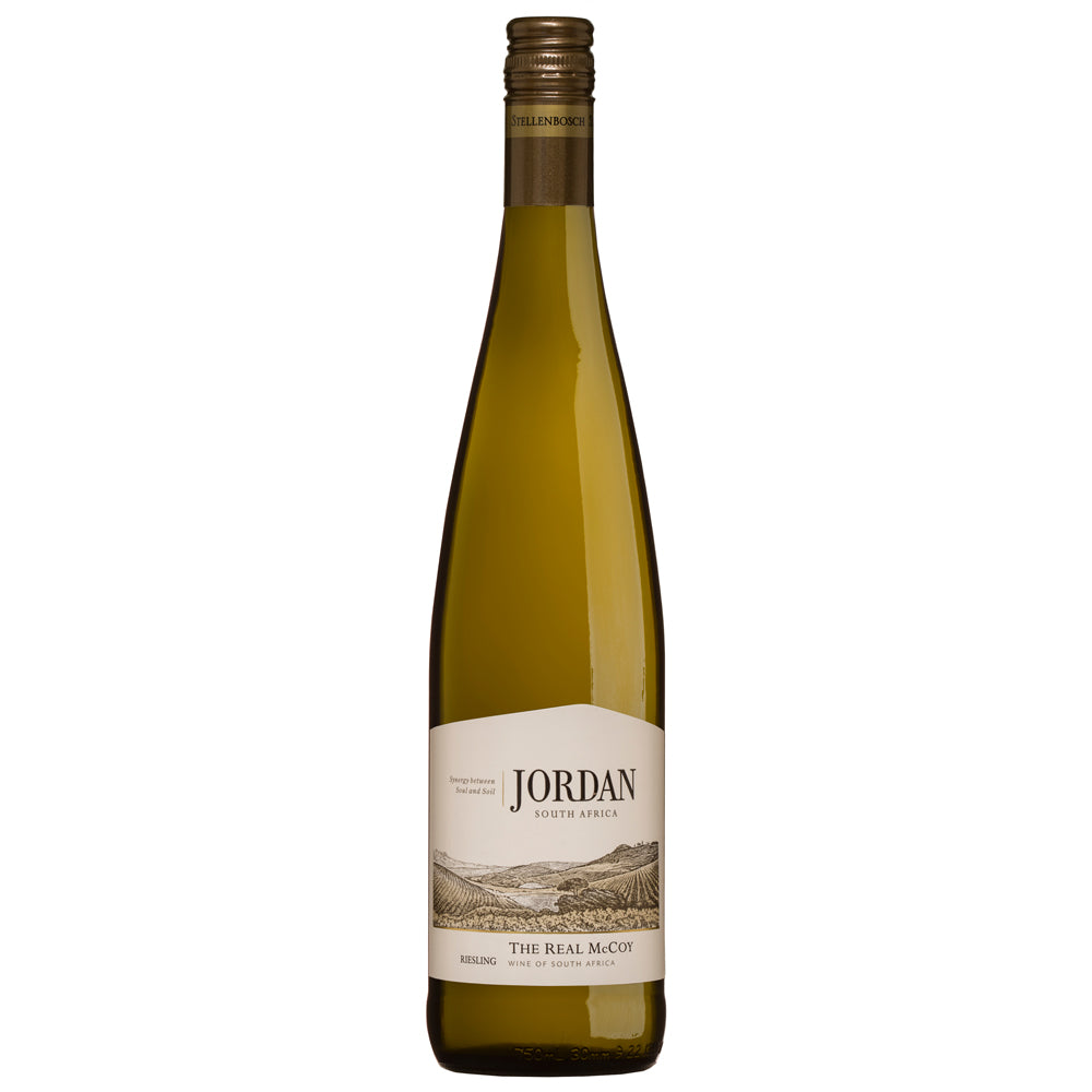 A bottle of Jordan  'The Real McCoy' Riesling white wine, featuring a dark green glass bottle with a cream-coloured label and a gold foil cap, set against a plain white background.