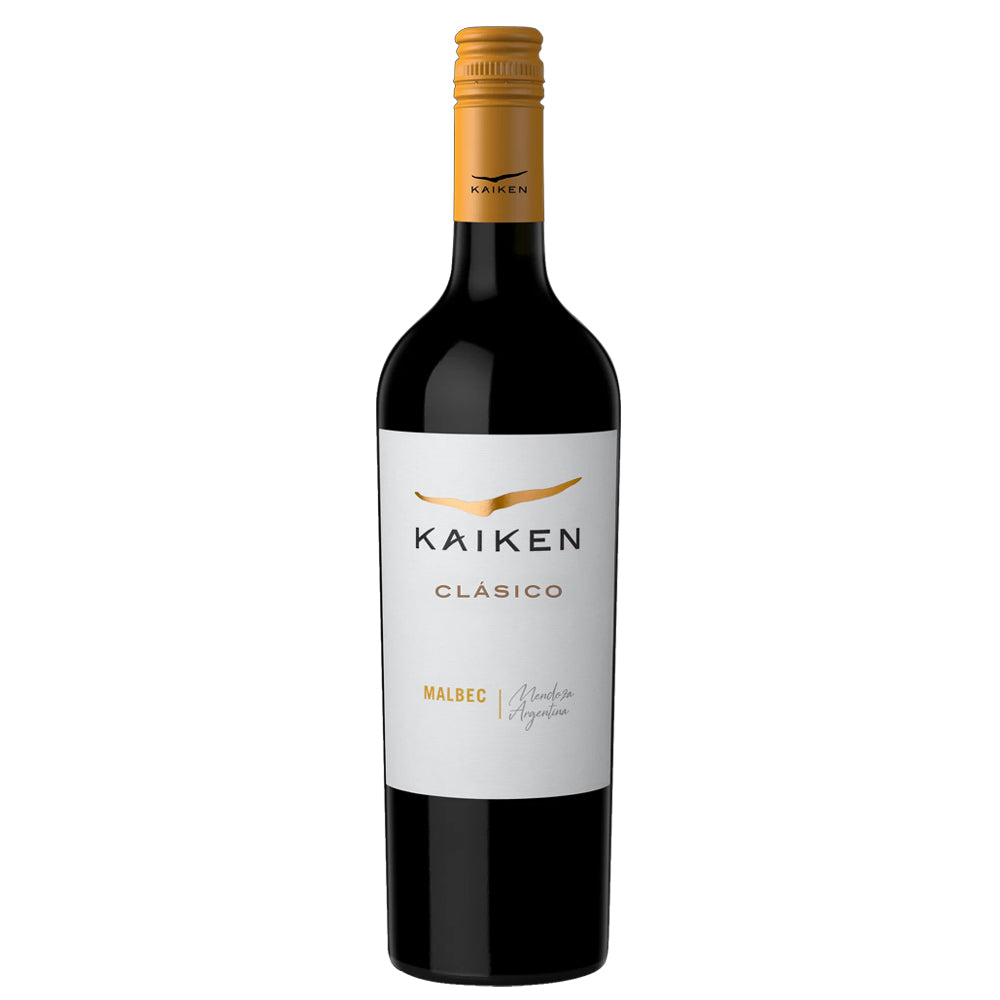 A bottle of Kaiken Clásico Malbec red wine, featuring a dark glass bottle with a white label and a gold foil cap, set against a plain white background.