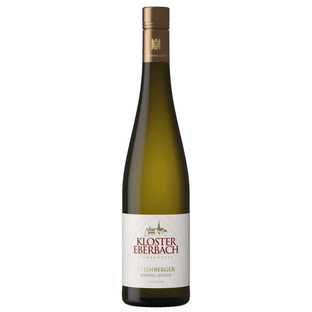A bottle of Kloster Eberbach Steinberger Riesling spatlese, featuring a dark green glass bottle, a gold foil capsule, and a white label with red and gold lettering, set against a plain white background.