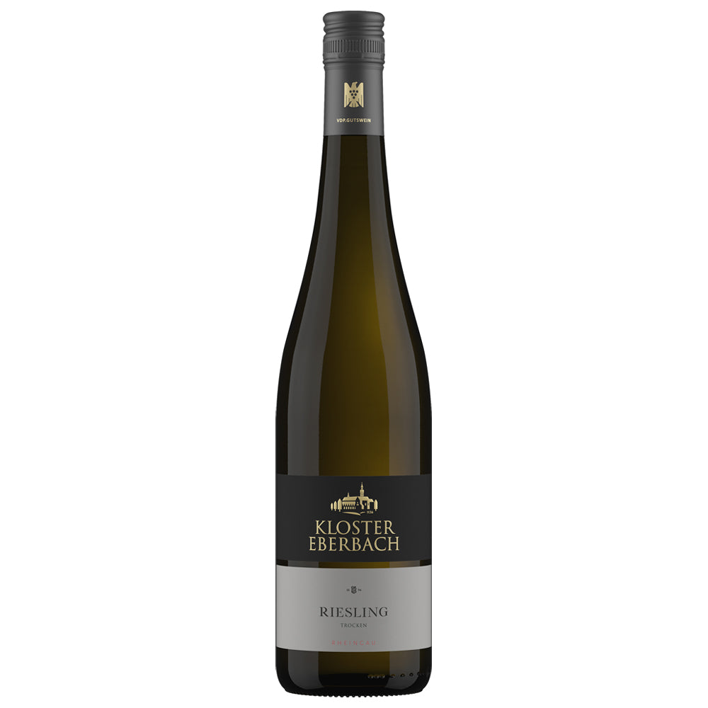 A bottle of Kloster Eberbach Riesling , featuring a dark green glass bottle, a black screw cap, and a black and silver label with gold lettering.