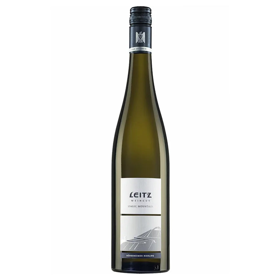 A bottle of Leitz Magic Mountain Rudesheim riesling, featuring a dark green glass bottle, a white label with black text, and a black screw cap, shown against a plain white background.