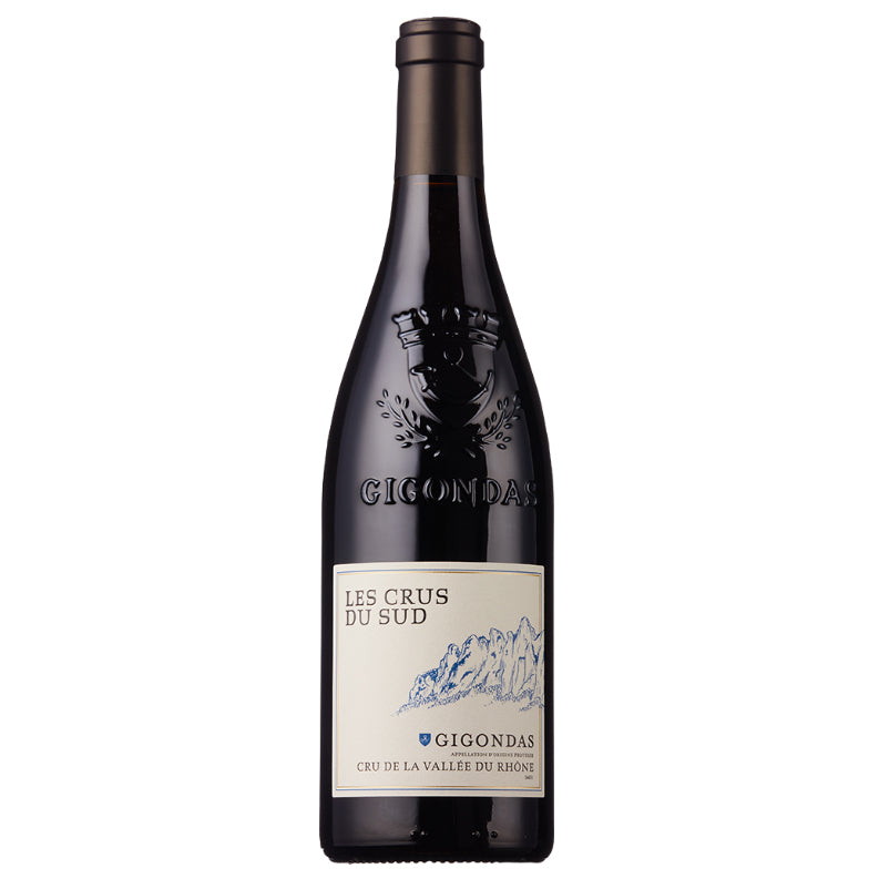 A bottle of Gigondas Les Crus du Sud red wine, featuring a dark glass bottle with a cream-coloured label and a dark brown capsule, set against a plain white background.