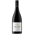 A bottle of Lone Palm Old Vine Grenache red wine. It has a white label with black writing and a black screw cap. All on a white background.