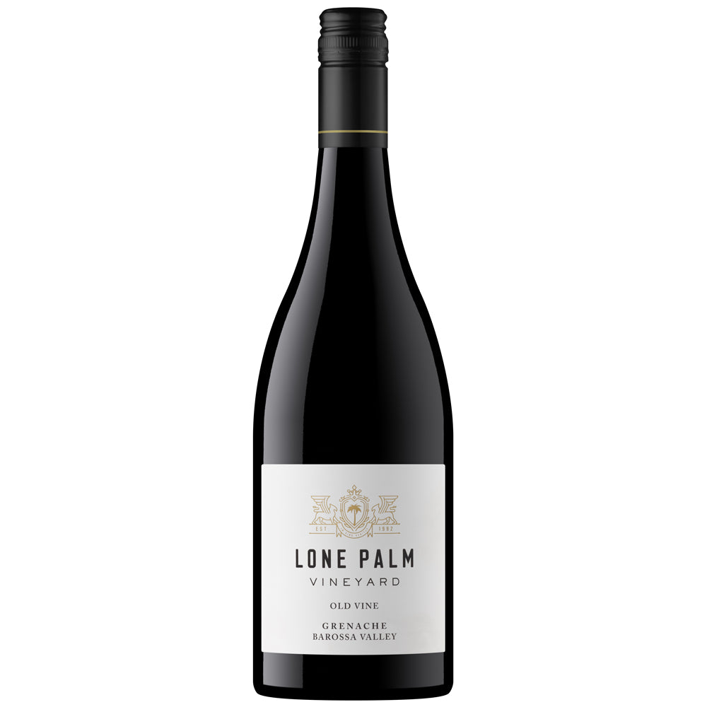 A bottle of Lone Palm Old Vine Grenache red wine. It has a white label with black writing and a black screw cap. All on a white background.