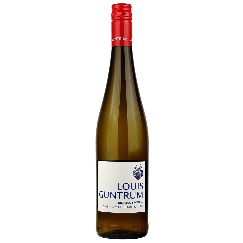 A bottle of Louis Guntrum Riesling spatlese white wine, featuring a dark green glass bottle, a red screw cap, and a white label with blue text.