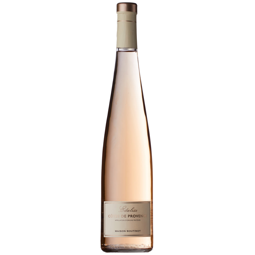 A tall bottle of Cuvee Edalise Provence rose. It has a small cream label with a cream and gold capsule.