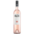 A bottle of Aix Provence Rose containing pale pink wine. It has a white label with bold black lettering and a black screw cap.